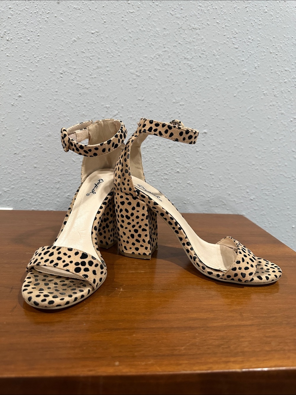 Qupid Leopard Print Ankle Strap Block Heel Sandals - Tan/Black